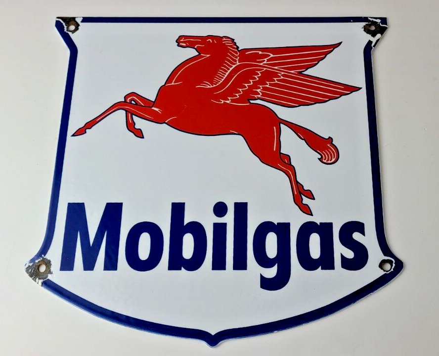 Vintage Mobilgas Sign - Porcelain Mobil Gasoline Pegasus Shield Gas Pump Sign
