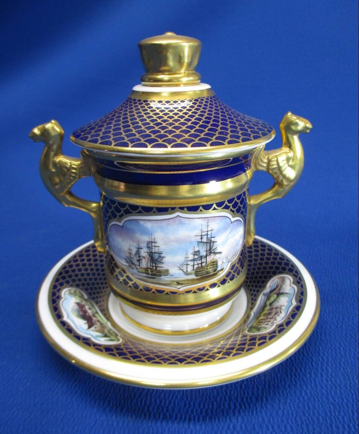SPODE LIMITED EDITION 154/500 THE NELSON CUP LIDDED CUP & SAUCER COBALT & GOLD