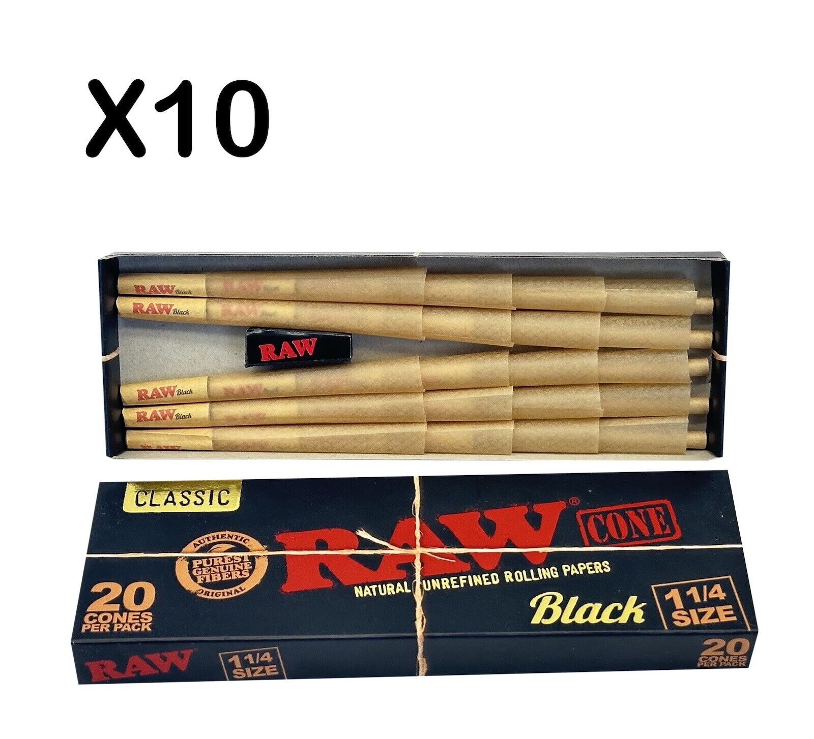 10 X Raw Classic 1-1/4 Size Black Pre-Rolled Cones 20 Pack. 