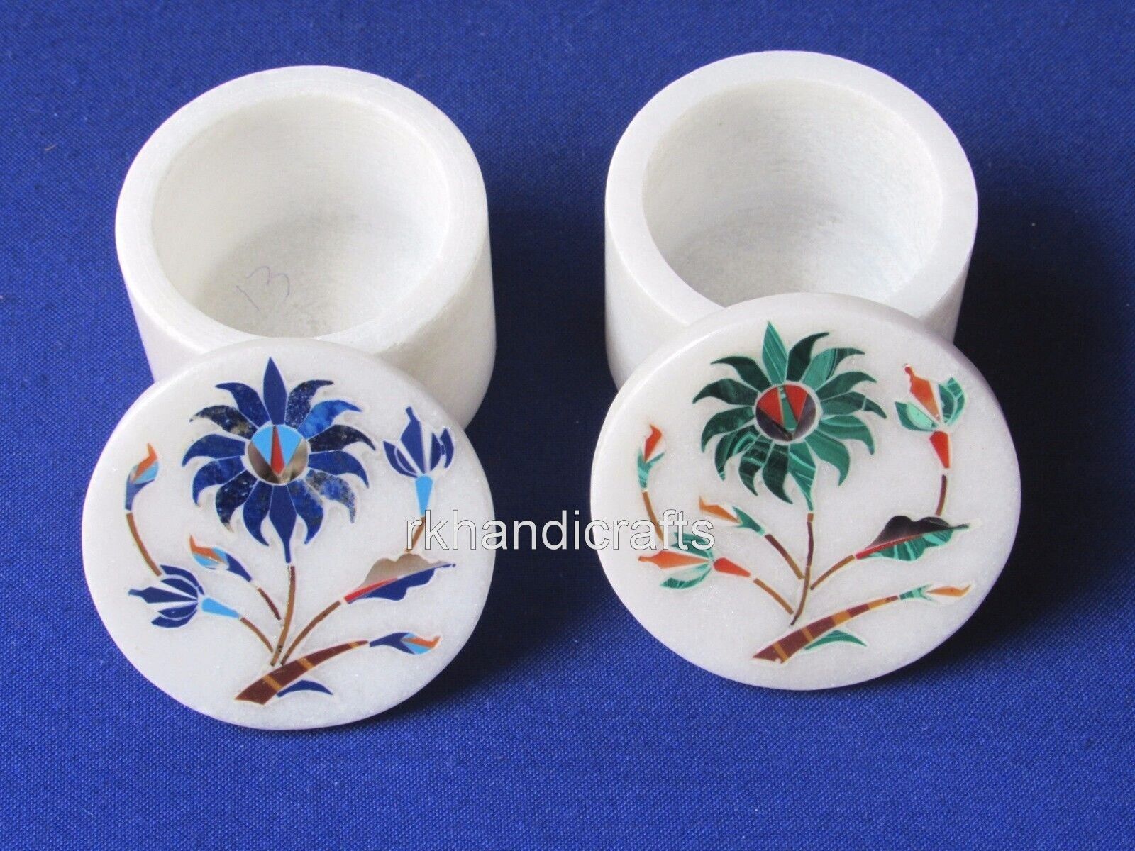 Set of 2 Piece Marble Rubber Band Box Gemstone Inlay Work Jewelry Box 2.5 Inches