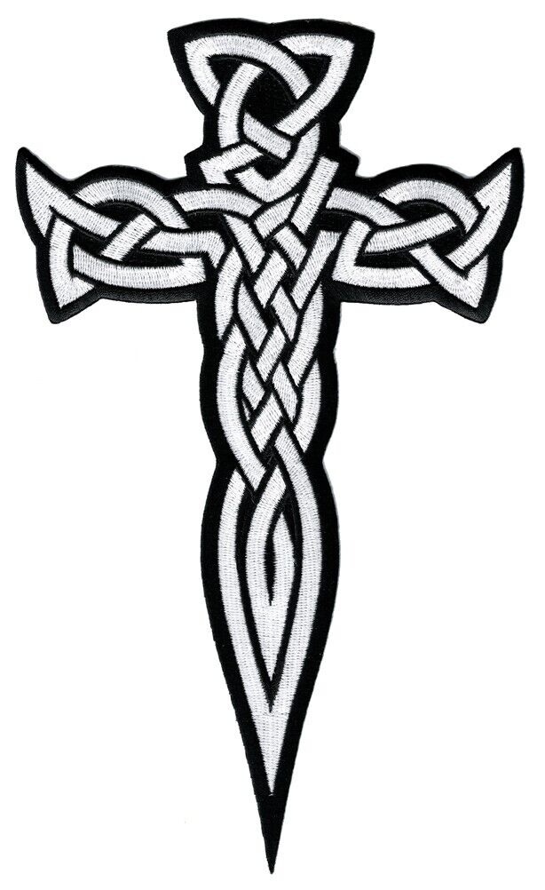 LARGE CELTIC CROSS DAGGER iron-on PATCH embroidered IRISH RELIGIOUS WHITE EMBLEM