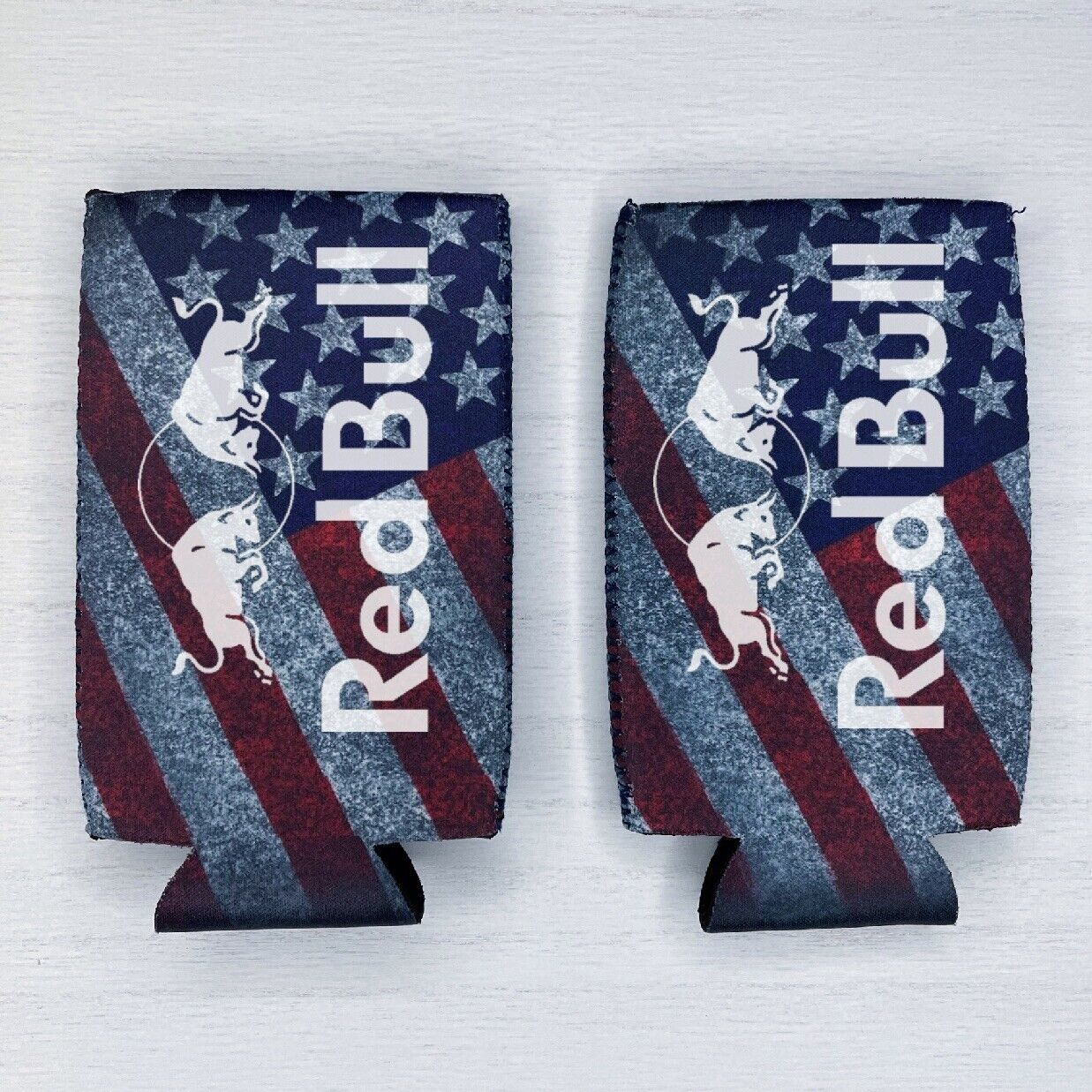2 Red Bull SKINNY Thin Fan Beer Can Coozie Koozie USA Flag Gift QTY 2