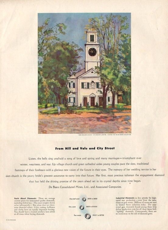 1944 DeBeers PRINT AD Diamond New England Church Art by Bernard Lamotte 