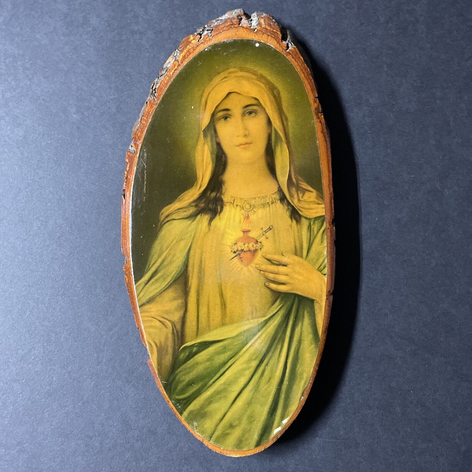 Vintage 1948 Sacred Heart Of Mary Portrait Christian Solid Wood Wall Art Picture
