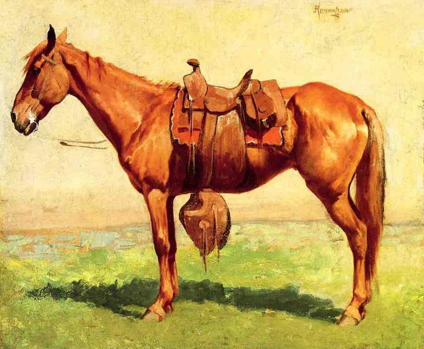Oil painting Frederic-Remington-Cow-Pony beautiful animal horse in landscape art