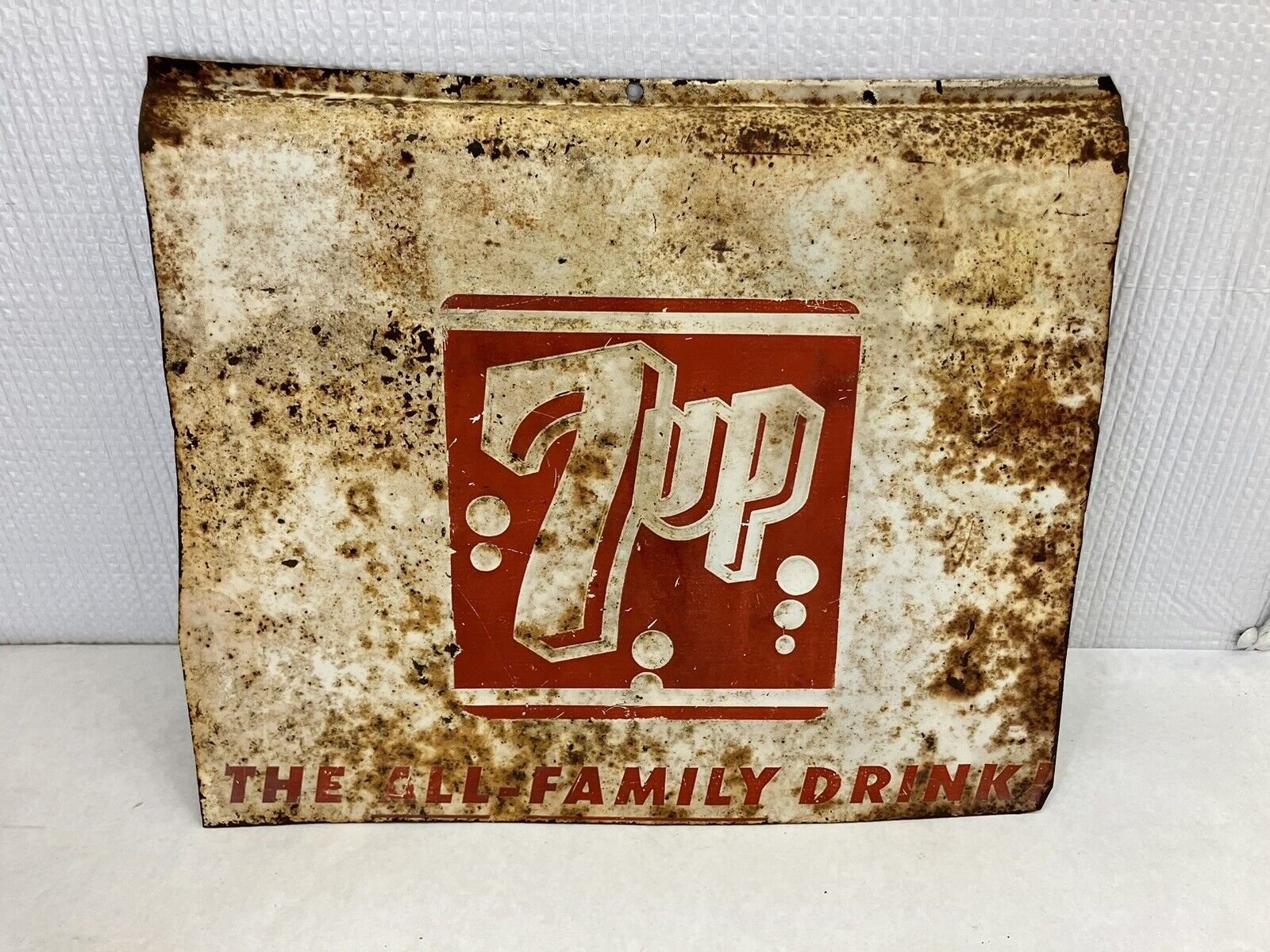 Early Vintage 7 Up Metal Sign 12”x10” The All Family Drink Cutout Embossed
