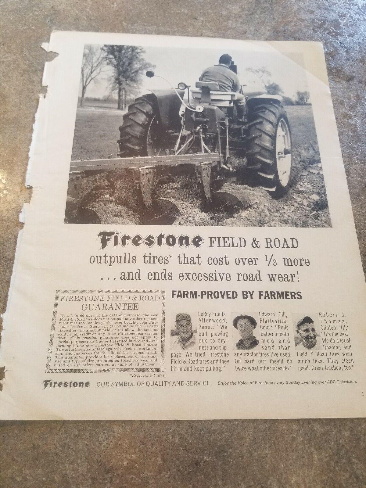 1963 Vintage  Print Ad Firestone Field & Road Tires. Farm Proved