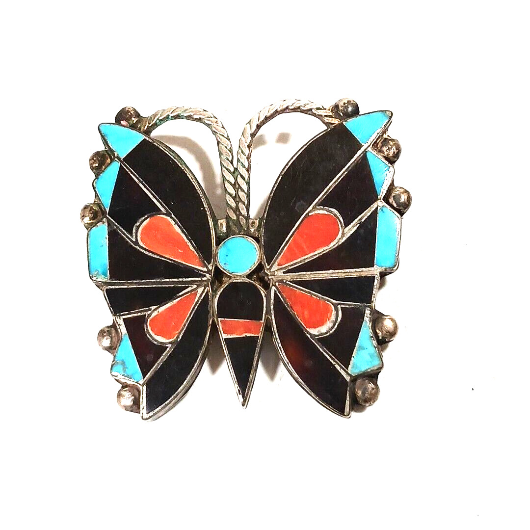 Vintage Zuni Turquoise Coral Inlay Butterfly Sterling Silver Brooch Pin