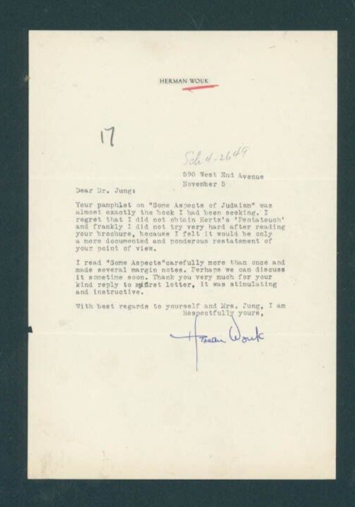 Letter from Herman Wouk American world-famous historical fiction author