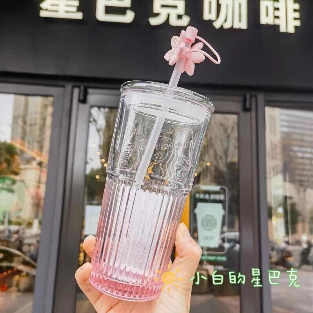 2023 Starbucks  Glass Cup Gradient Pink Sakura Tumbler w/Cherry blossom Topper