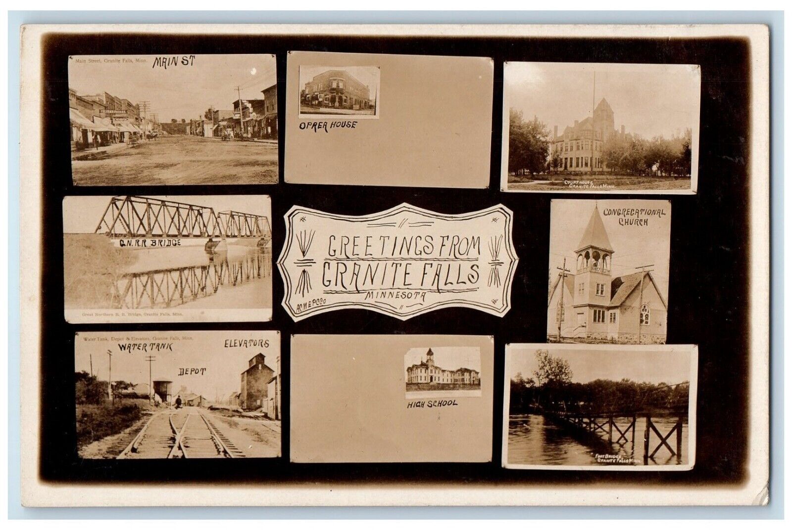 1909 Greetings Multiview Depot Granite Falls Minnesota MN RPPC Photo Postcard