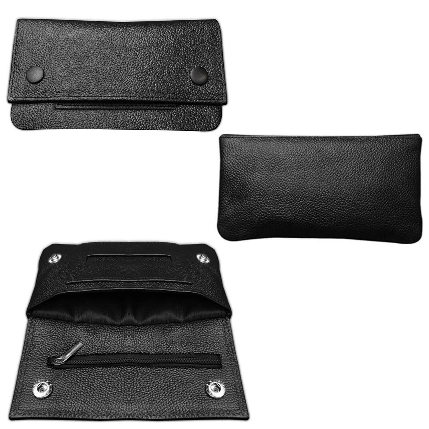 Cigratte Case Full Black Leather Tobacco Rolling Paper Slot Zipper Snap Close US