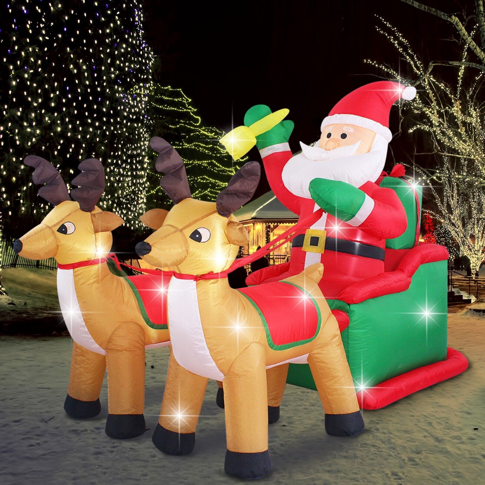 Fanshunlite 8ft Christmas Inflatable Santa Claus on Sleigh with Two Reindeer 
