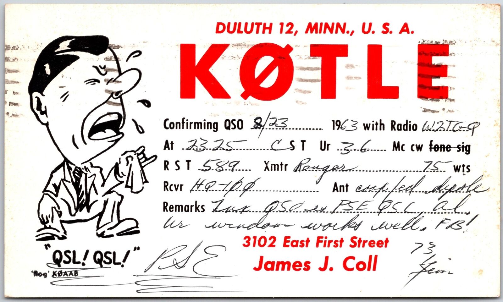 1963 QSL Radio Card Code KOTLE Duluth Minnesota Amateur Station Posted Postcard