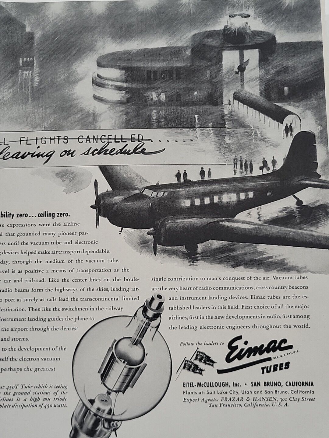 1943  Eimac Tubes Fortune WW2 Print Ad Eitel-McCulloch Inc. Airplane Tarmac Rain