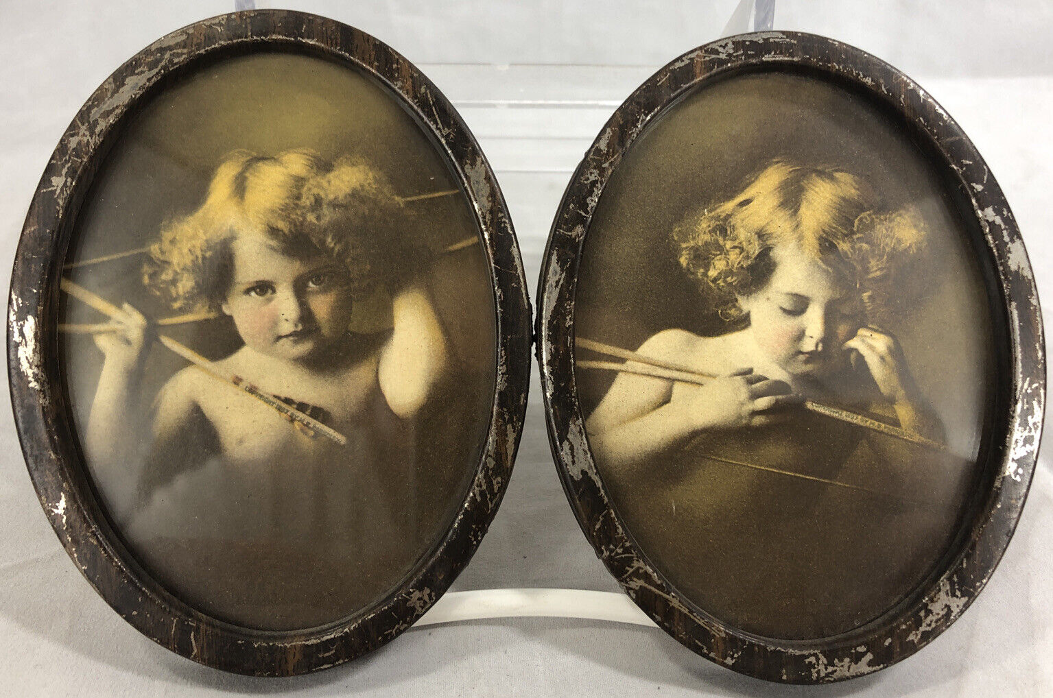 Vtg Pair Cupid Awake Pictures Original Metal Oval 4” Frames c 1897 M B Parkinson
