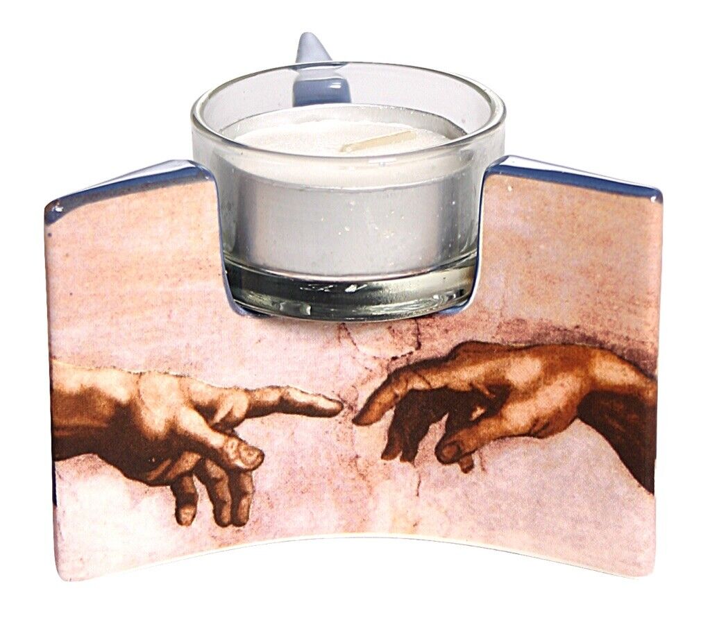 Michelangelo Creation Hands Spark of Life Baptism Ceramic Tealight