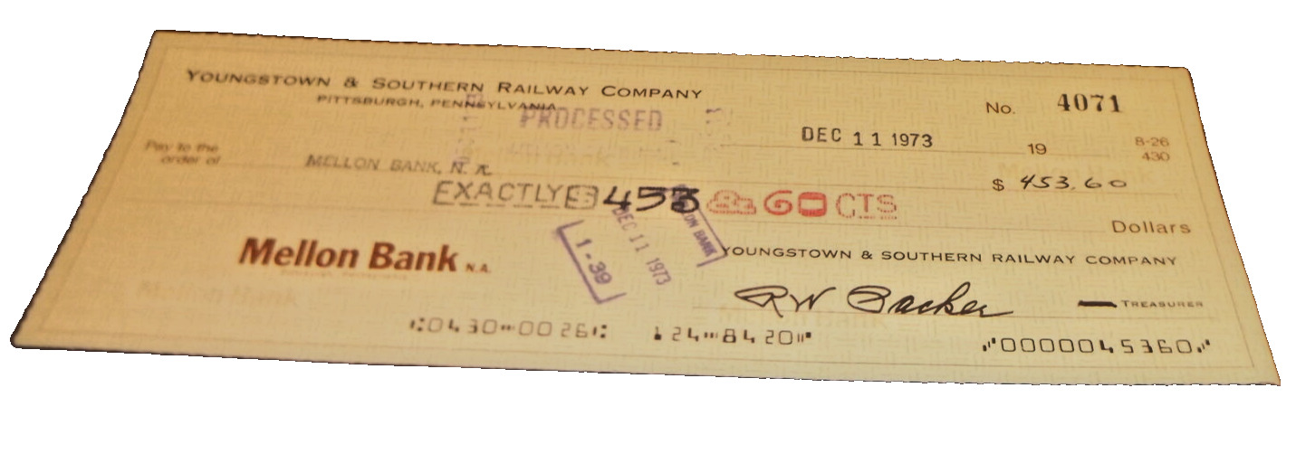 DECEMBER 1973 YOUNGSTOWN & SOUTHERN RAILWAY COMPANY CHECK