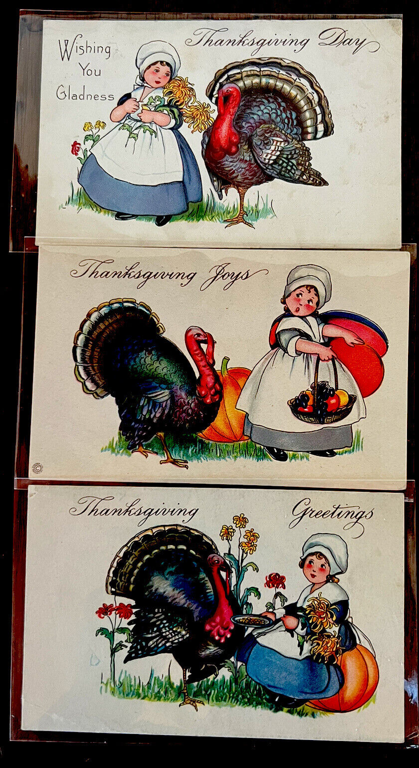 Lot of 3 ~Vintage Thanksgiving Postcards with Children~Turkeys~d378