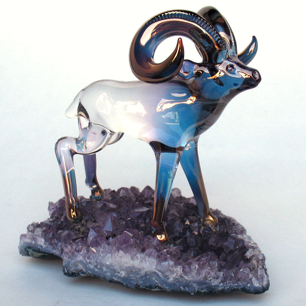 Ram Big Horn Sheep Figurine Hand Blown Glass Amethyst Crystal Gold