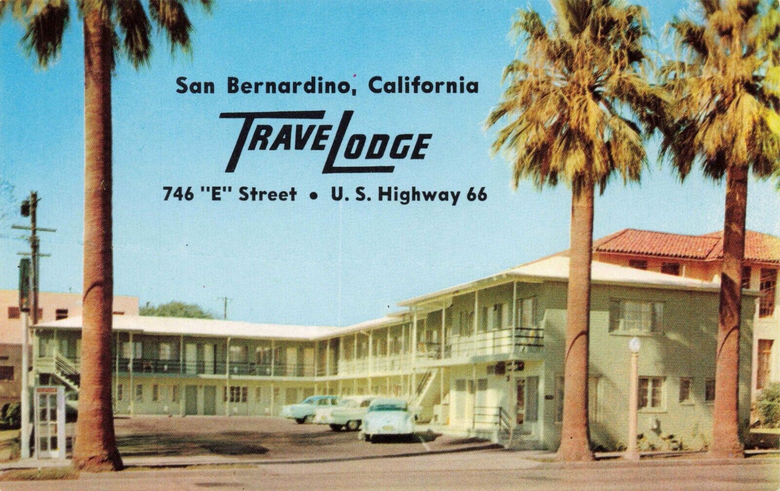 Postcard San Bernardino Travel Lodge Hotel California Highway 66 Old Cars