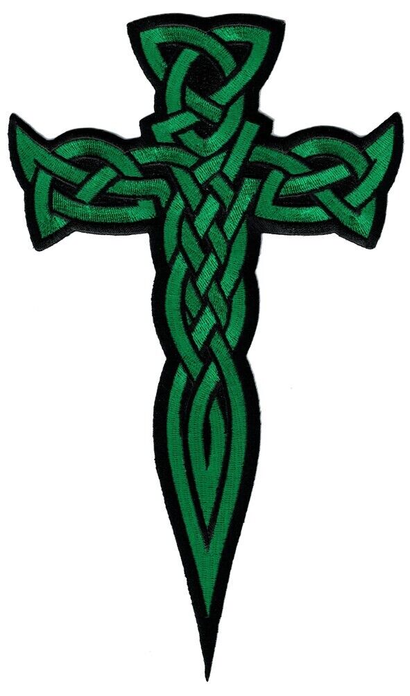 LARGE CELTIC CROSS DAGGER iron-on PATCH embroidered IRISH RELIGIOUS GREEN EMBLEM