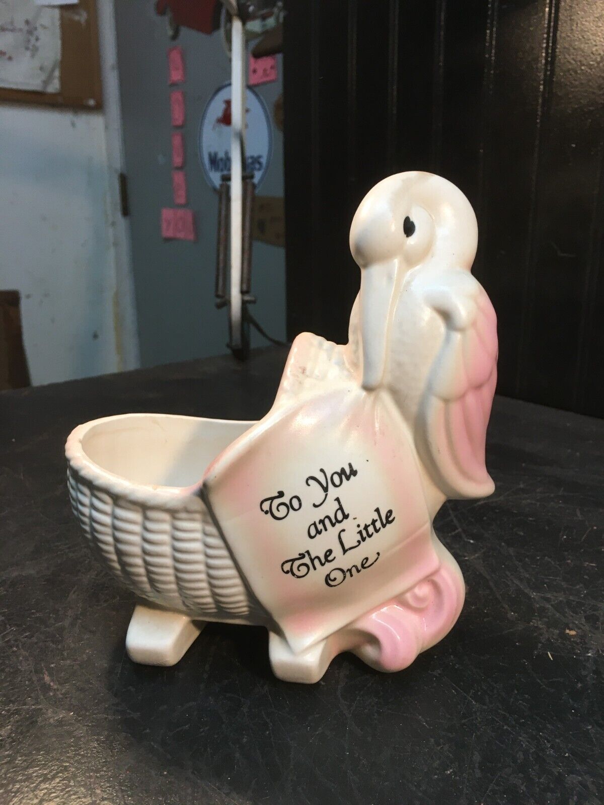 Vintage Ceramic STORK Delivering Baby Figurine  Nursery Trinket Planter USA