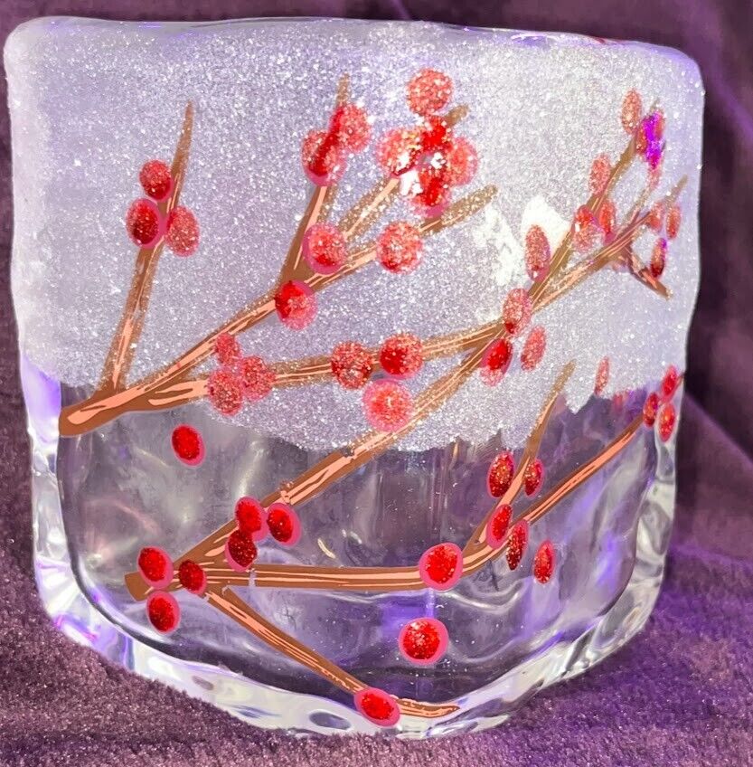 Vase hand blown frosted cube glass winter red berries  shimmering x mas