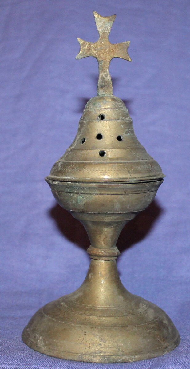 Antique hand made brass icon lamp incense burner with cross