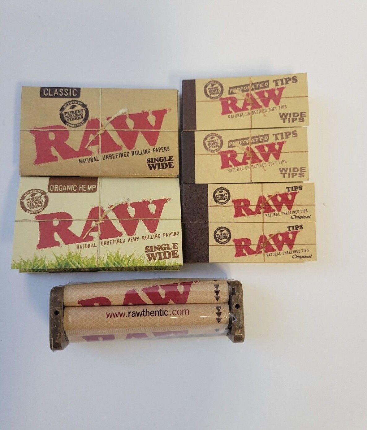 Both RAW Classic & Organic Single Wide Papers+ Rolling Machine+ Tips 7 PC Bundle