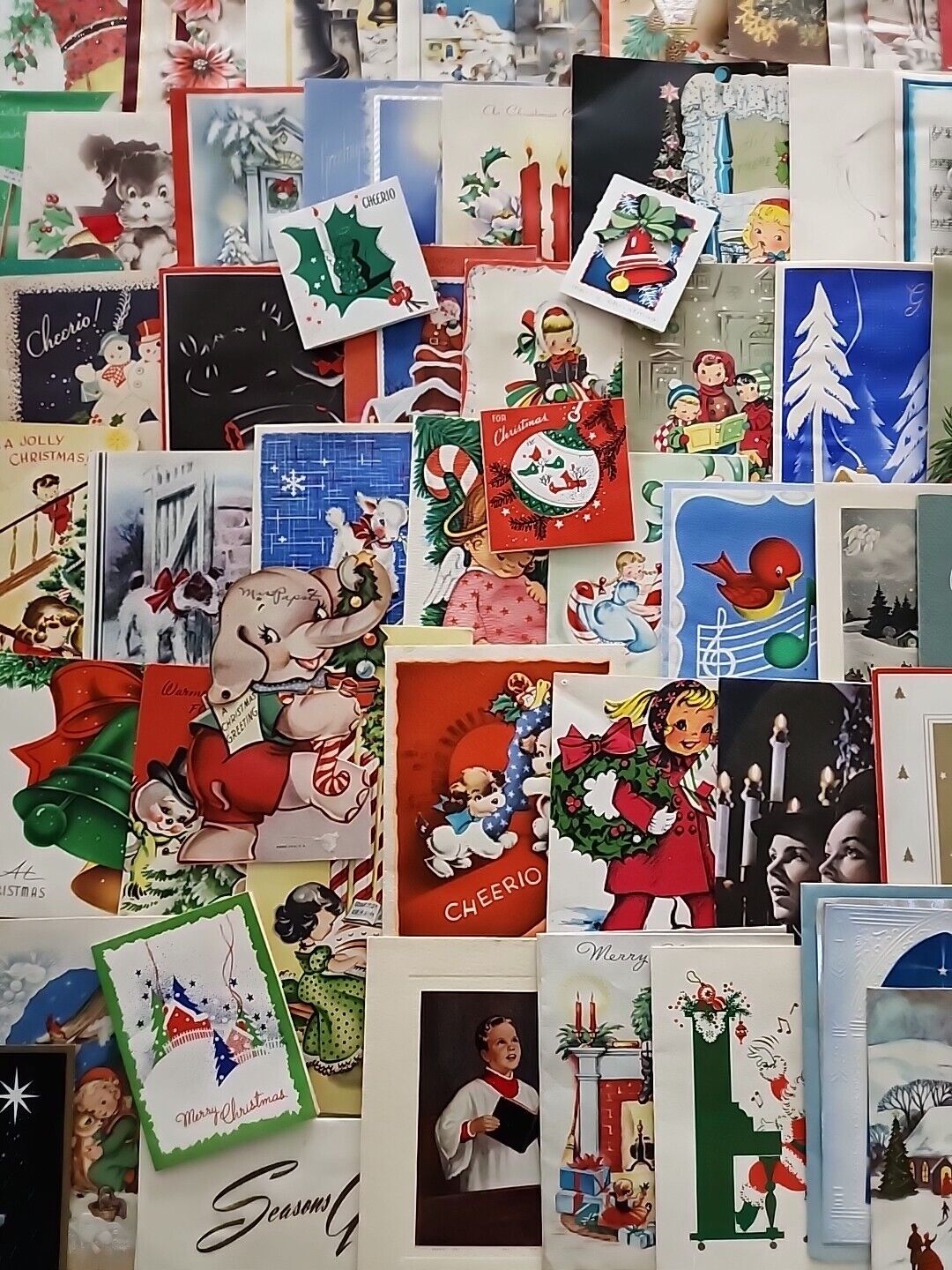 95 Vtg Christmas Greeting Cards Lot 1940-60s Boys Girls Angels Santa Snowman 