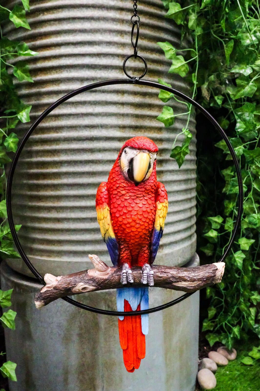 Ebros Hanging Scarlet Macaw Parrot Perching on Branch in Metal Round Ring 13.5\