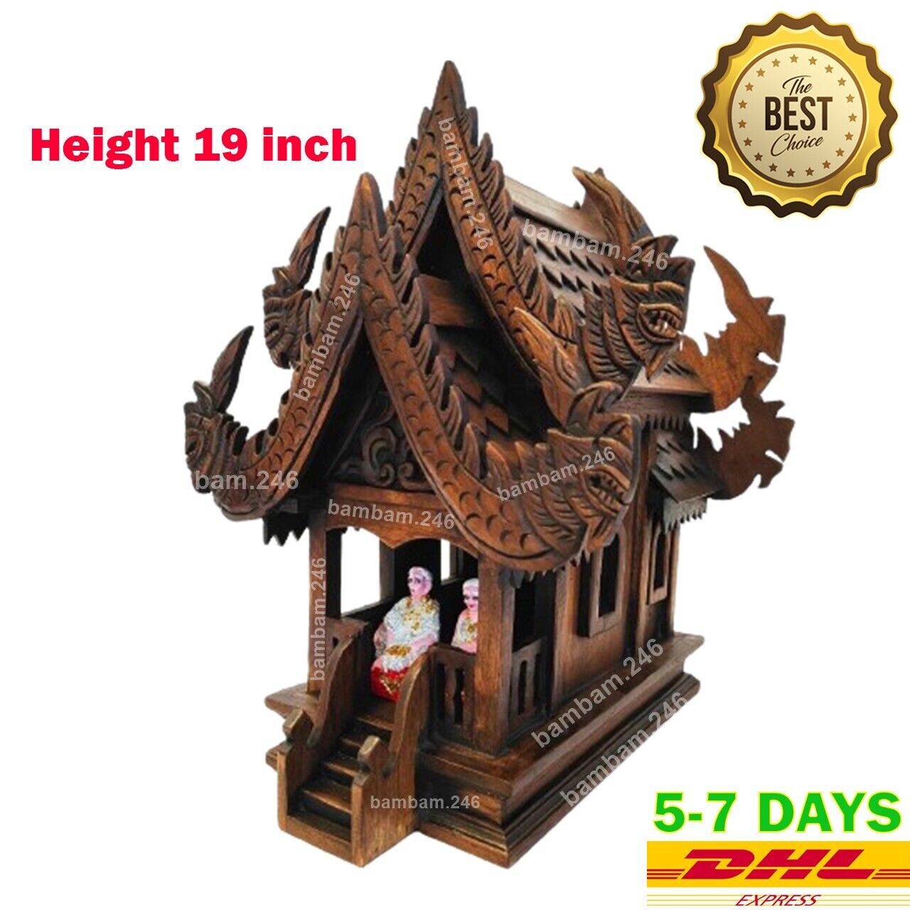 Large Thai Spirit House Teak Wood Wooden Buddha Amulet Worship Height 19” Handcr