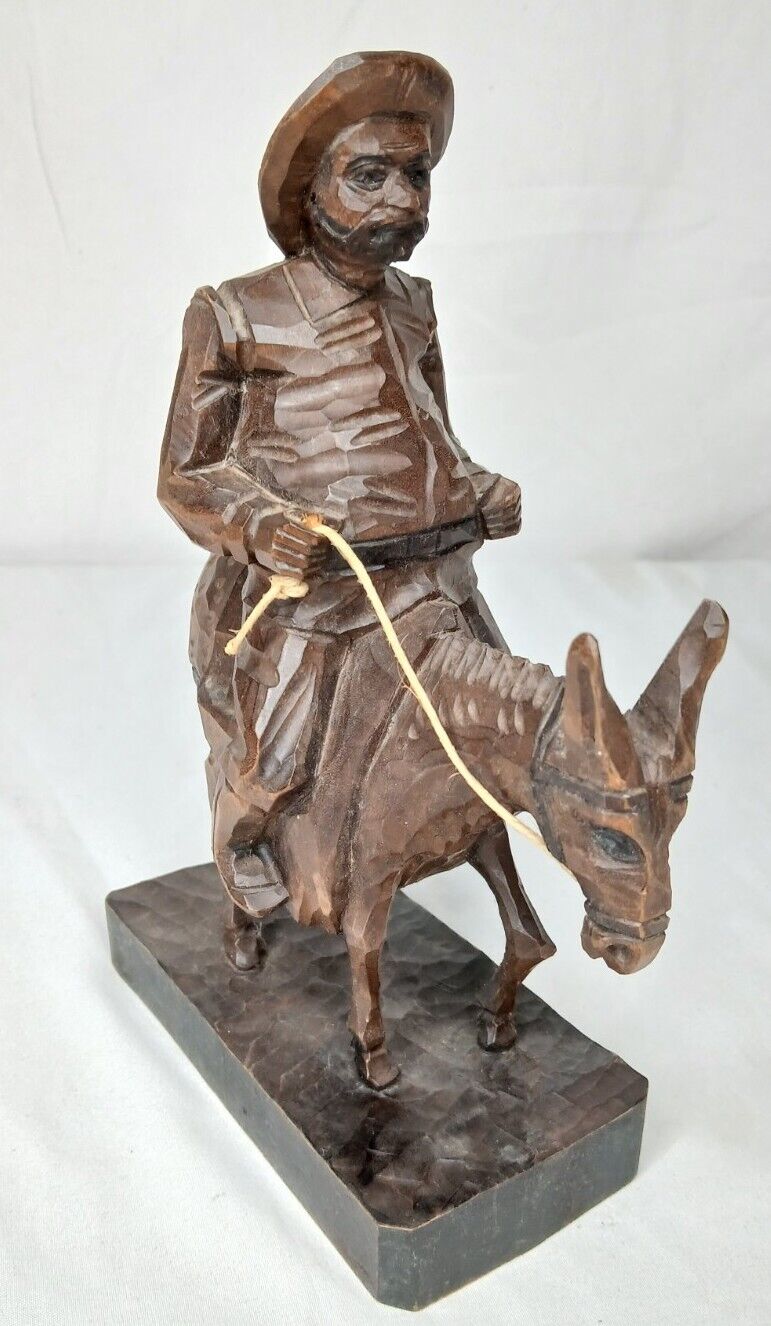 Vintage Spanish Ouro Artesania Hand Carved Sancho Panza Wood Figurine Man Donkey