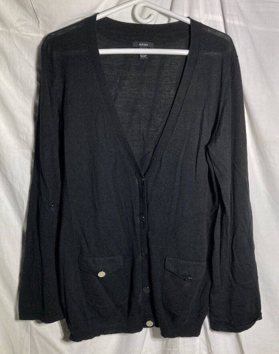 Vtg Alfani Long Sleeve Linen Cotton Button V-Neck Pocket Sweater Women\'s Black L