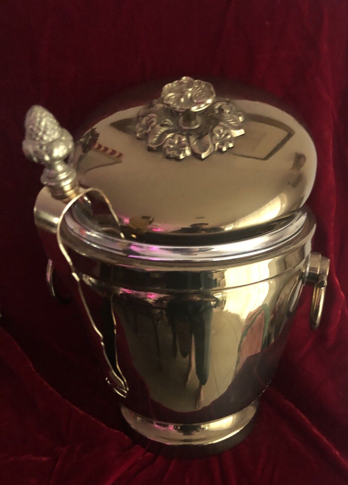 Vintage Ice Bucket Saks Fifth Avenue Brass W lid & Tongs Thermos Lined Handles