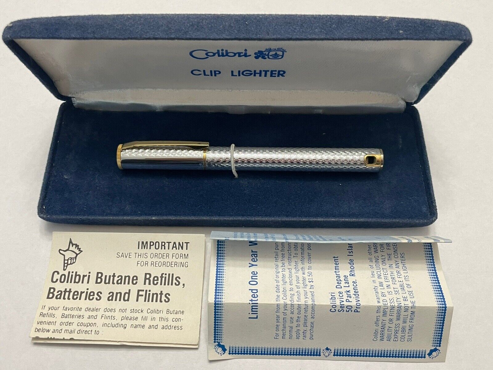 1960s VINTAGE COLIBRI CLIP PEN LIGHTER GOLD & SILVER TONE BUTANE, Box And Papers
