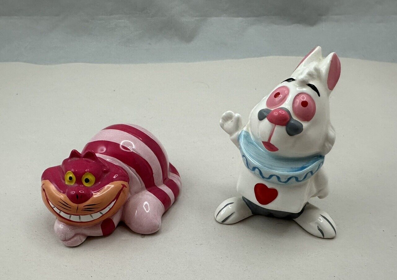 White Rabbit +Cheshire Cat Alice in Wonderland Disney Figurines Vintage ~ 3”