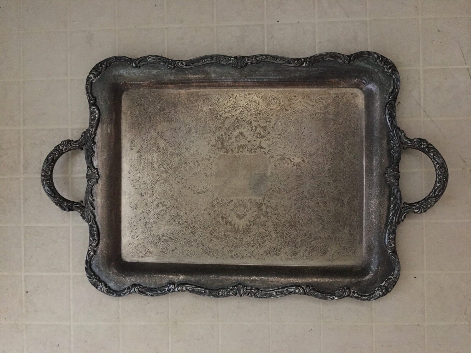 Vintage / Antique 1900s Ornate Silver Plated Engraved Floral Serving Tray 22.5\