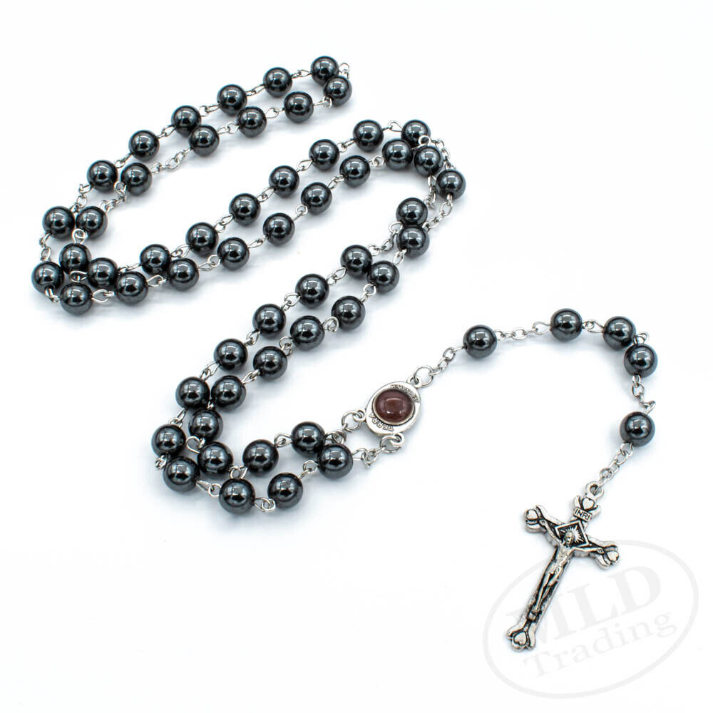 Black Hematite Stone Beads Rosary Necklace Jerusalem Holy Soil Cross Crucifix