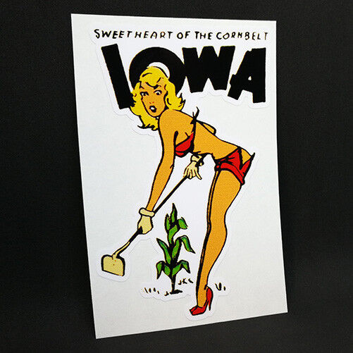 Iowa Pinup Vintage Style Travel Decal, Vinyl Sticker, Pin Up Luggage Label