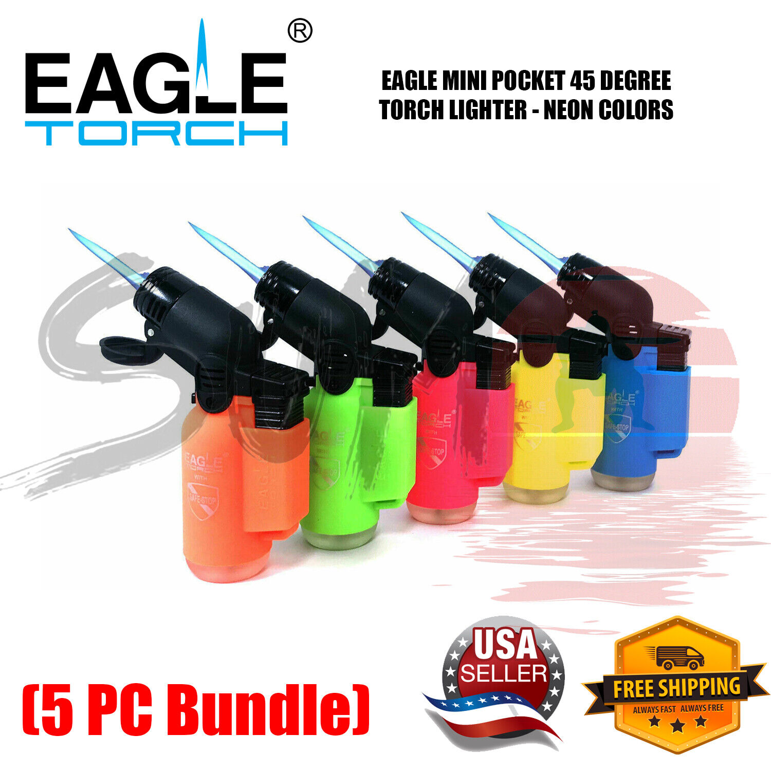 5 Pack Eagle Torch 45 Degree Jet Flame Refillable Torch Lighter (Neon Colors)  