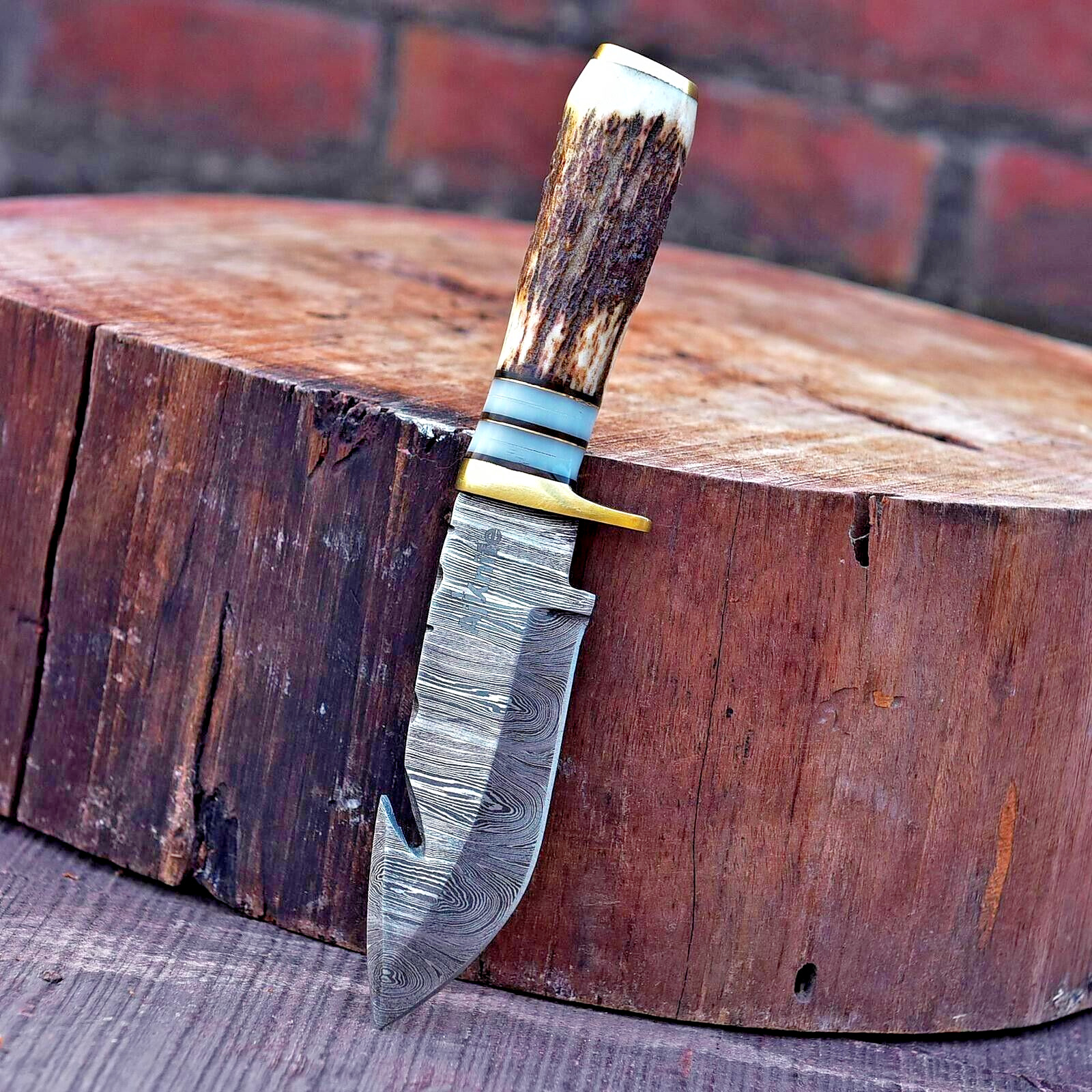 Vintage handmade Damascus Steel Fixed Blade Hunting Knife stag antler handle