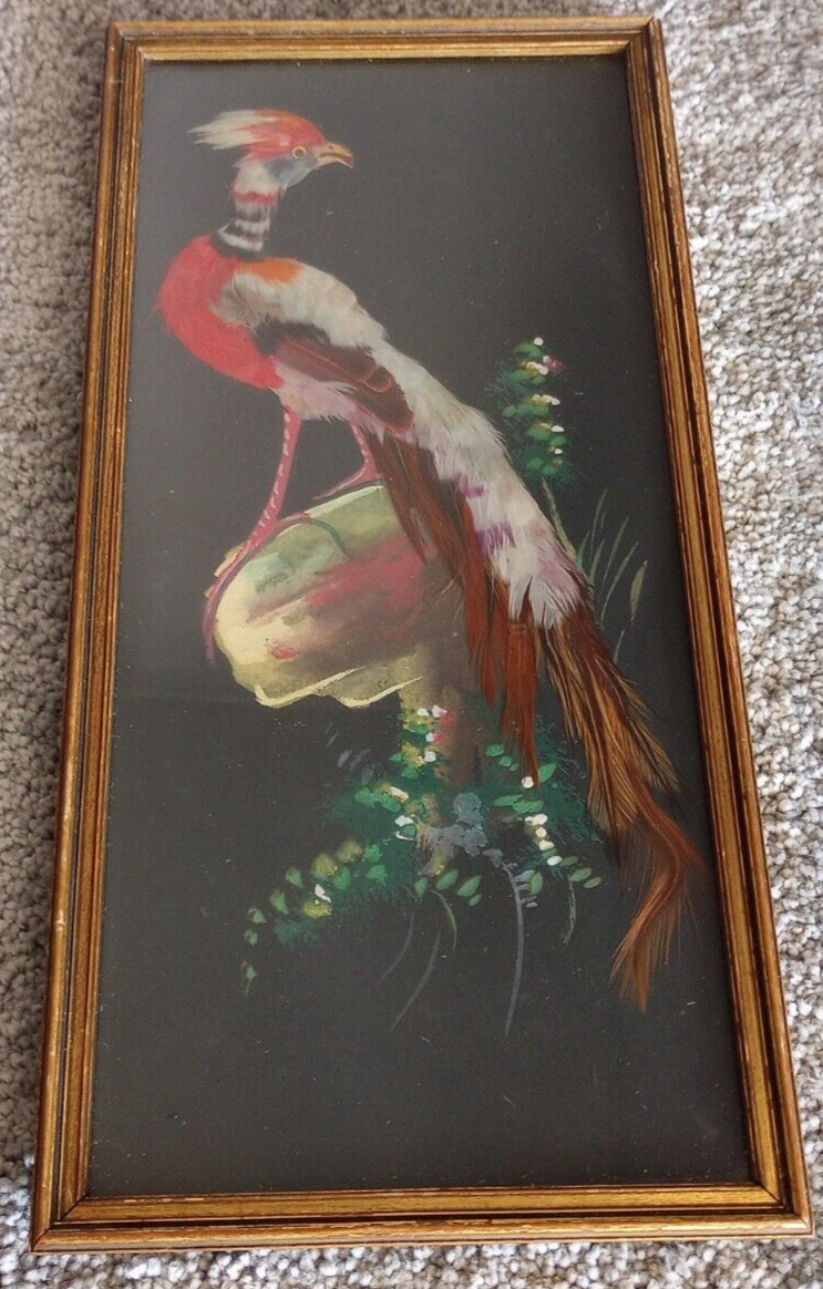 Vintage Mexican Feathercraft Bird Picture Wood Framed Rare Folk Art 4.75\