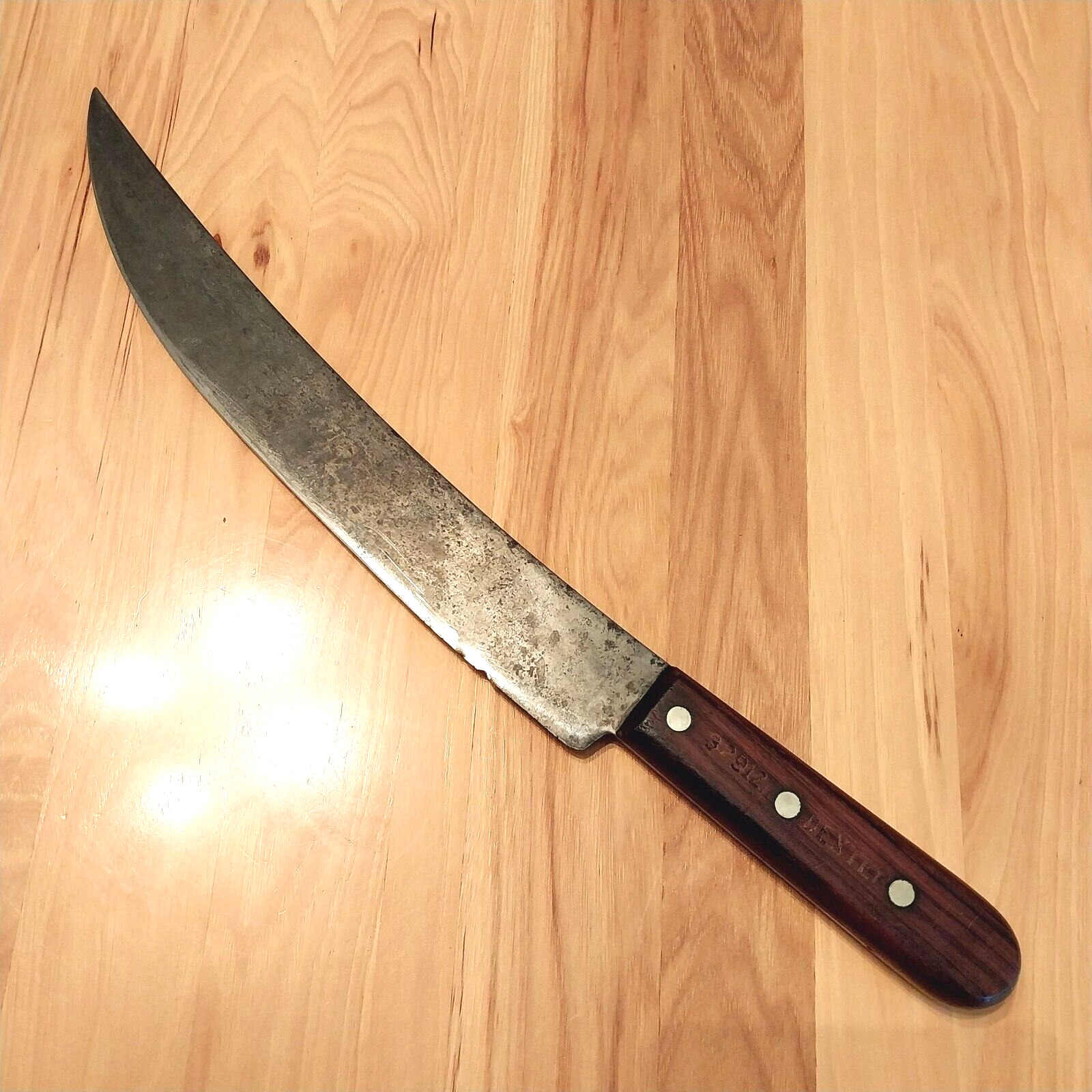 Vintage Dexter 32912 Butcher Knife 17-5/8” Wooden Handle 12” Blade 3/4 Tang