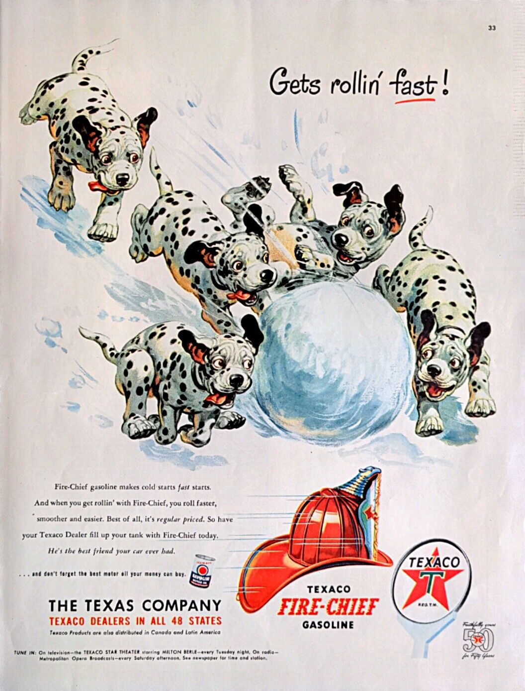 1952 TEXACO Fire-Chief Helmet Dalmatian Dogs Snowball Rolling Print Ad 128