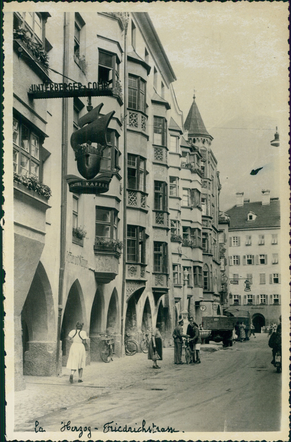 Austria, Innsbruck, Herzog-Friedrich-Strasse and its arcades, 1949, vintage silv