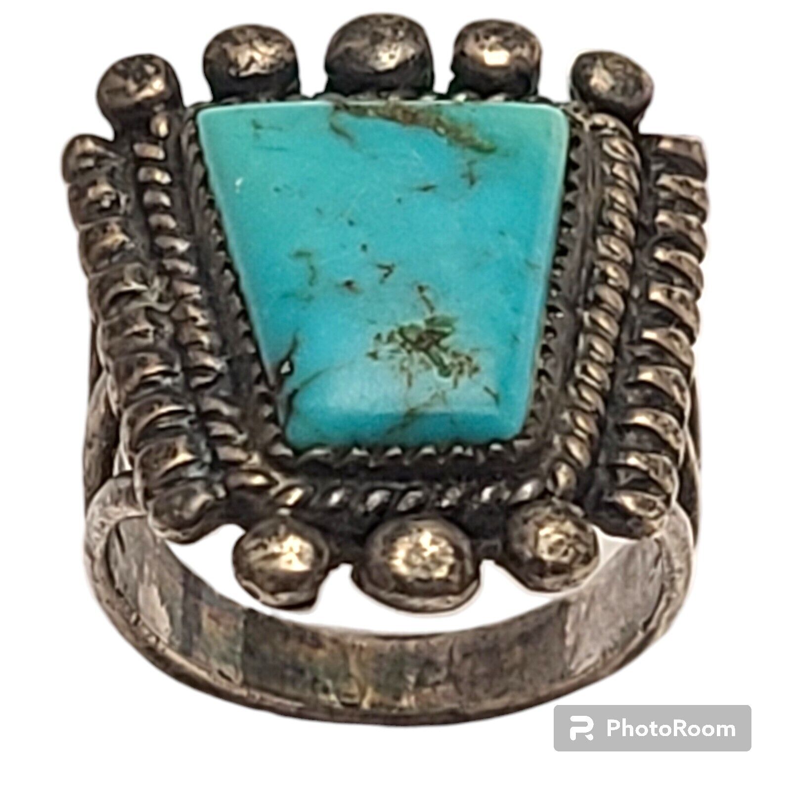  Rare Old Navajo Silver Ring with Blue Gem Turquoise, c. 1940s Size 6.20