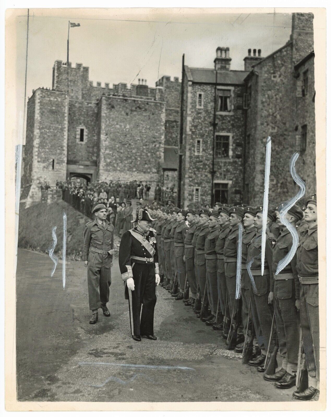 14 August 1946 press photo of Churchill inspecting the guard of honour at Dover