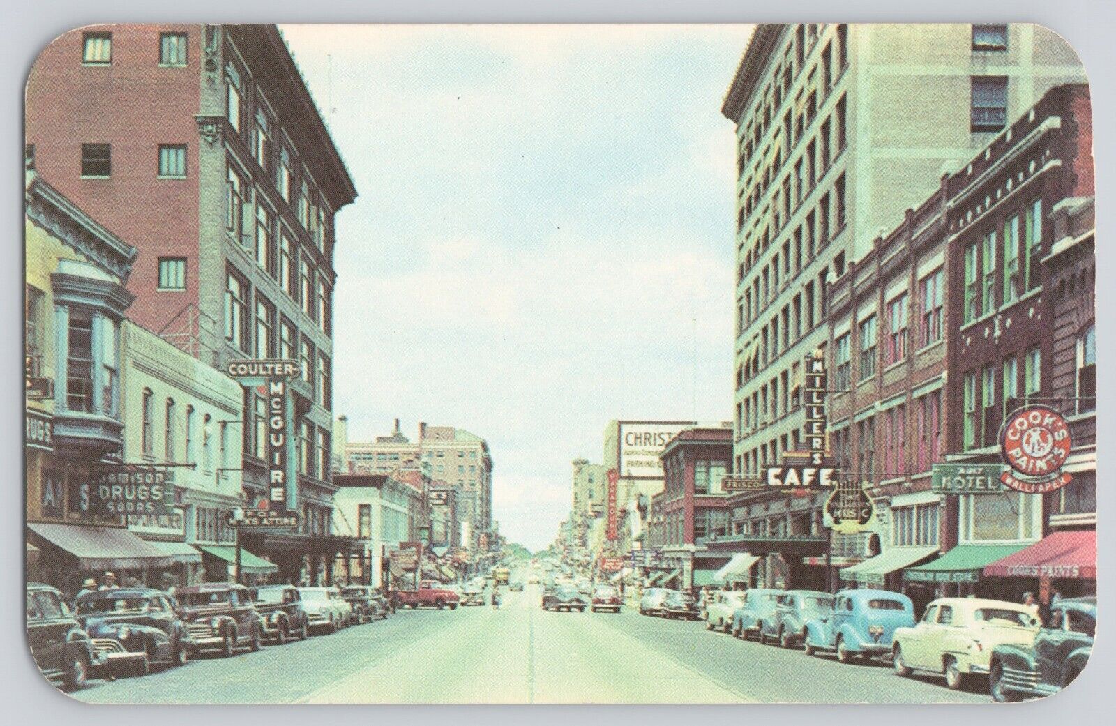 Postcard Route 66 Missouri Joplin Main Street View Shops Cars Vintage 1940\'s